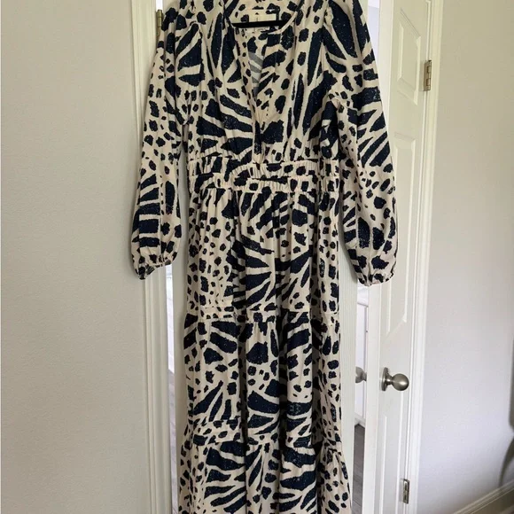 Anthropologie Navy and White V-neck Bishop Sleeve Sundress - Picture 1 of 3